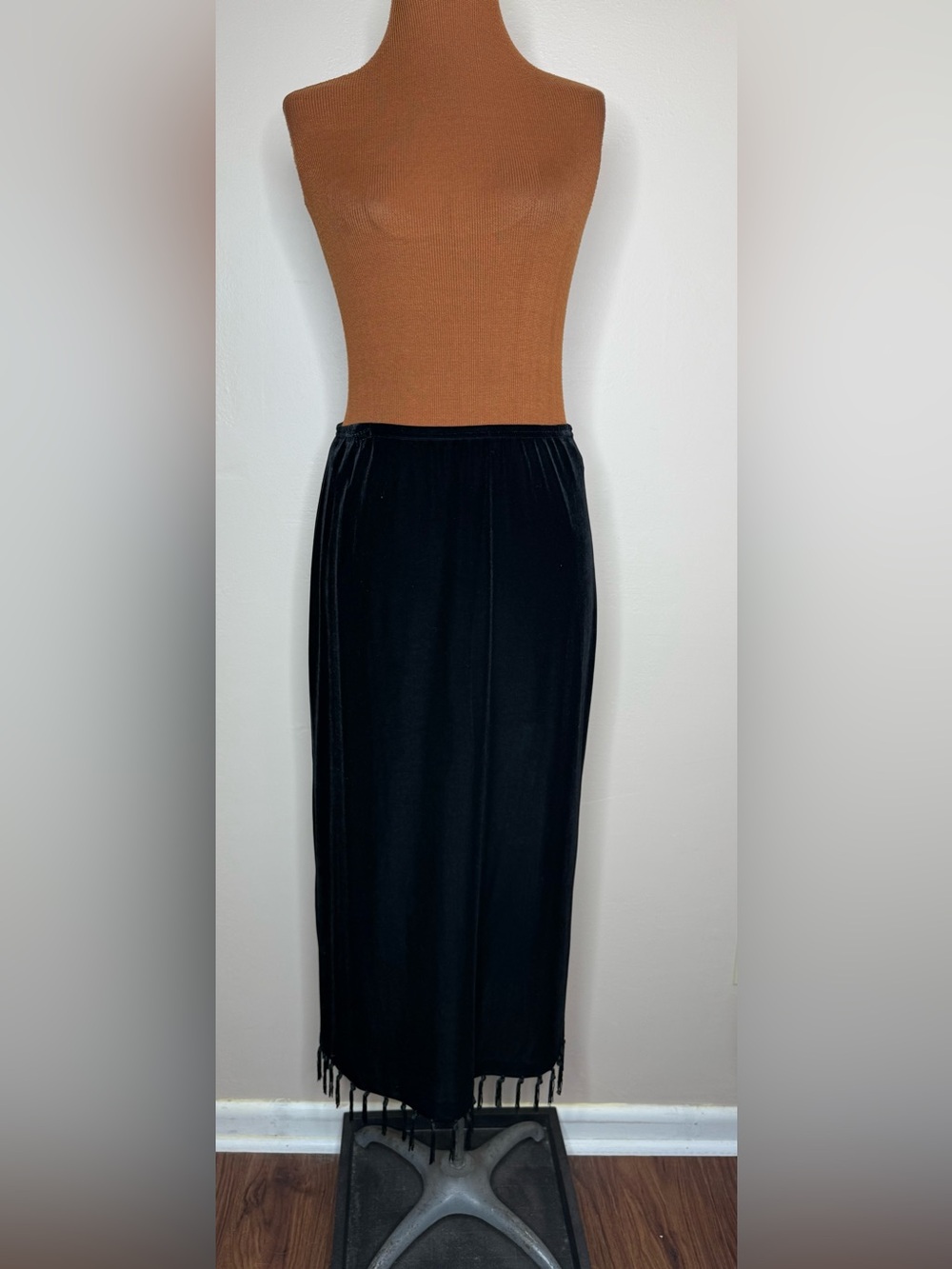 Ronni Nicole Velvet Maxi Skirt Fringe Hem Elastic Waist Size Medium Vintage